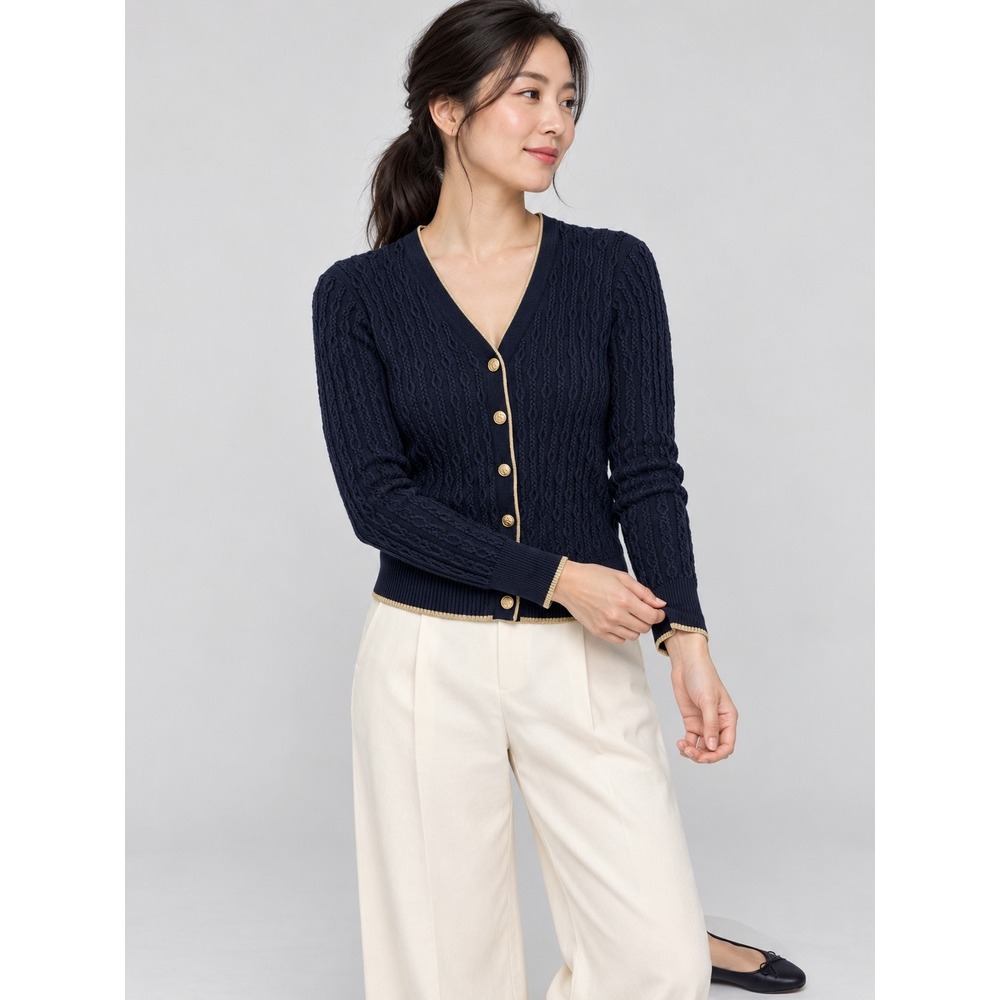 Brooks Brothers Navy Blue Supima Cotton Cable Knit Gold Trim Cardigan Small